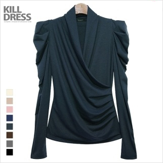 [가을신상+77사이즈까지]촉촉한 촉감 섹시 숄카라 퍼프소매 셔링 랩 티셔츠_L1318