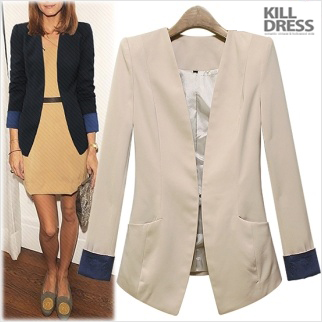 가을신상[자체제작+77사이즈까지~!!]깔끔한 핏 노카라 슬림라인 배색소매 자켓_L1341