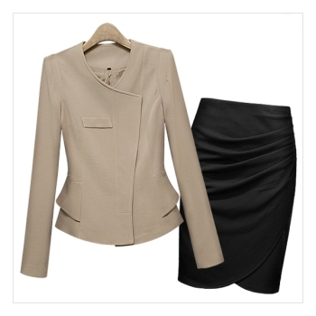 ★[2SET+77size까지~!!] 럭셔리 노카라 사선지퍼여밈 자켓 + 랩스타일 앞셔링 튤립라인 스커트_L1390