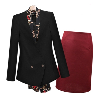 ★3SET[77size까지~]스카프+브랜드퀄리티 노카라 슬림자켓+깔끔 하이웨스트 H라인스커트_L1371