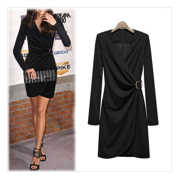 77사이즈까지~!!]럭셔리 슬림라인 금장버클 셔링 랩미니원피스_L1395