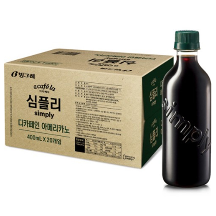 [박스] 무라벨 빙그레 아카페라 심플리 디카페인 아메리카노 400ml x 20개