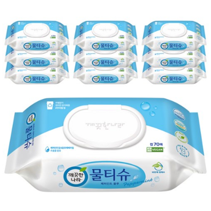 [박스] 깨끗한나라 페퍼민트 물티슈 70매(캡형) x 10팩 