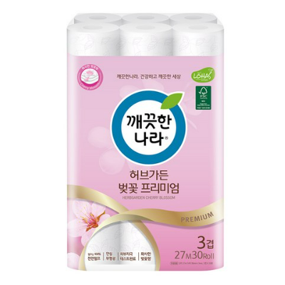 깨끗한나라 벚꽃 프리미엄 3겹 화장지 27m x 30롤