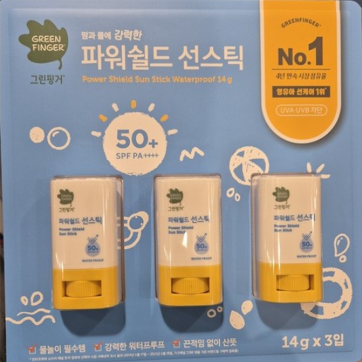 ◈그린핑거 파워쉴드 선스틱 50+ SPF PA++++, 14g, 3개
