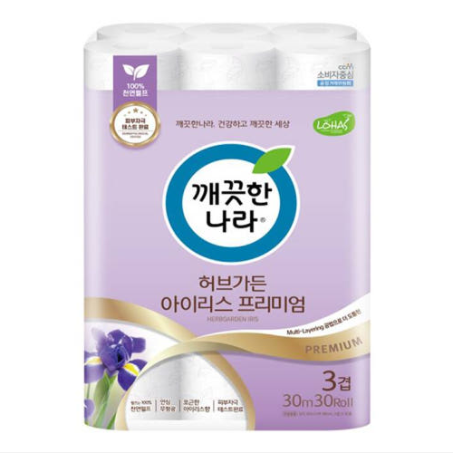 깨끗한나라 허브가든 아이리스 3겹 프리미엄 화장지 30m x 30롤